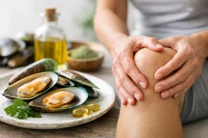 Green-lipped mussels on a plate with supplement capsules beside a person holding a painful knee joint