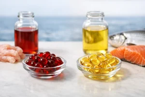 Krill oil capsules and fish oil capsules side by side with salmon and shrimp in the background
